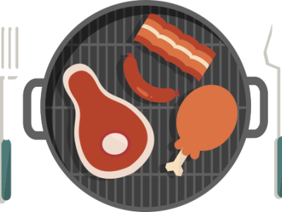 A small grill with an assortment of meats on it. There's a spatula on the left and a grill fork on the right.