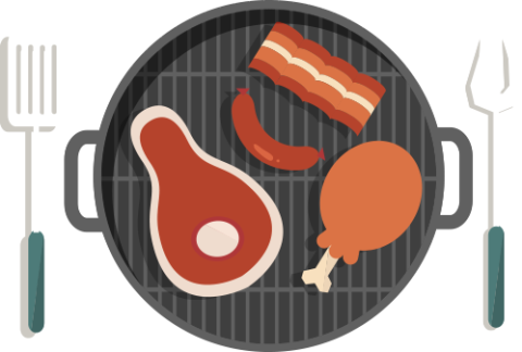 A small grill with an assortment of meats on it. There's a spatula on the left and a grill fork on the right.